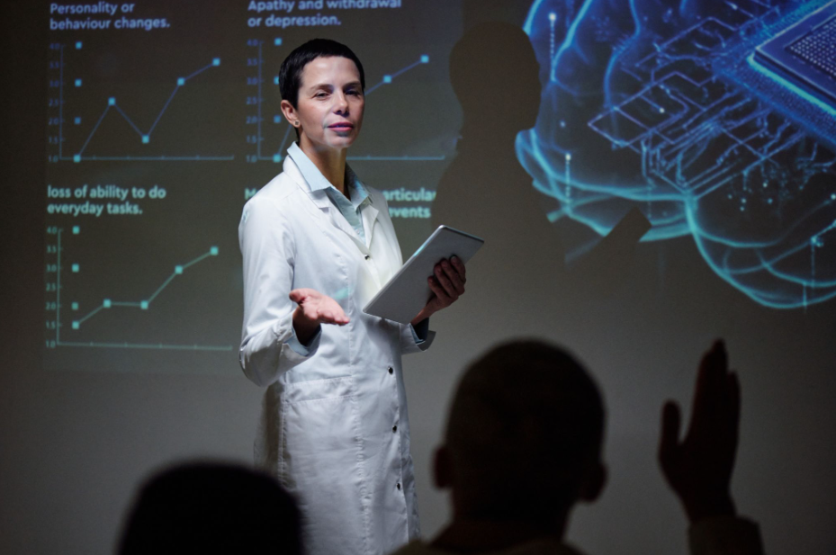 A medical professional explaining brain health findings through a science story