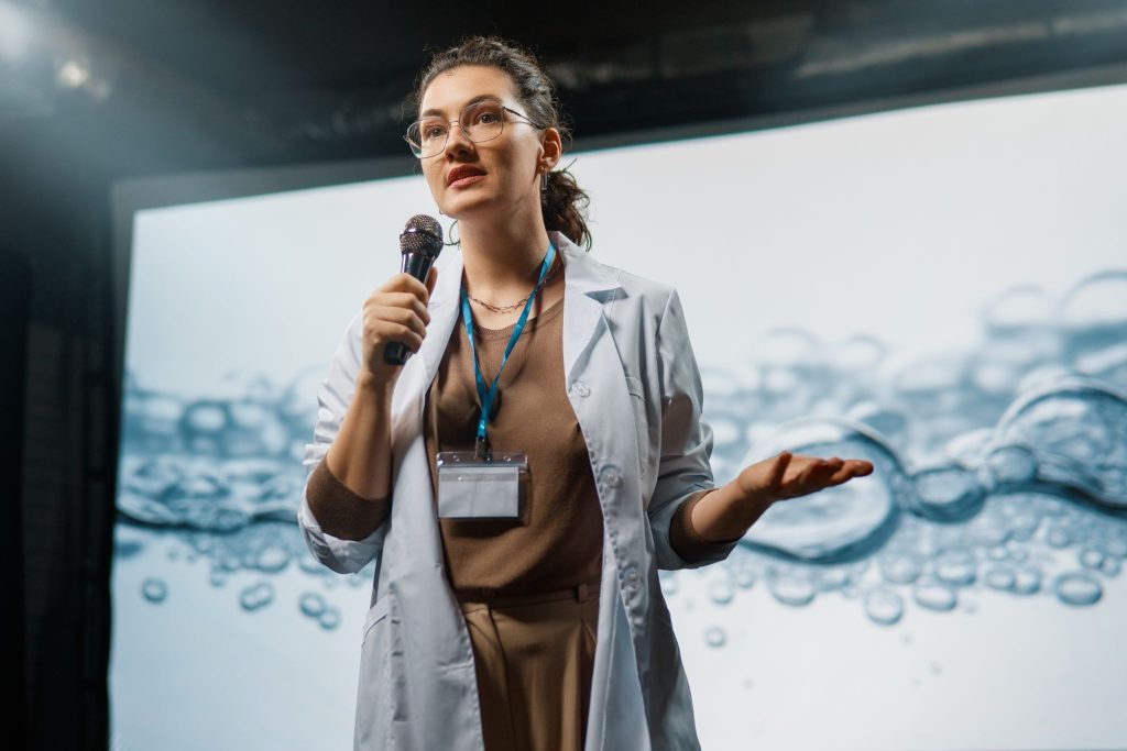 Medical researcher presenting scientific findings through a science story