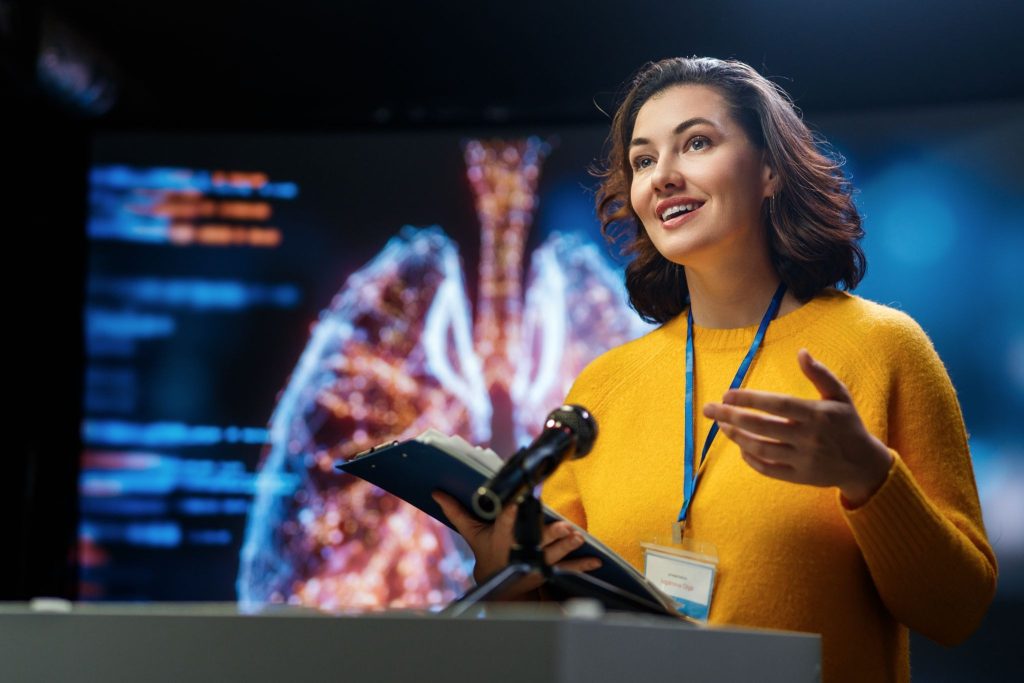 Healthcare expert presenting research findings through a science story