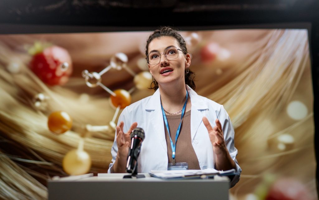 Medical expert delivering scientific evidence at a pharmaceutical product launch
