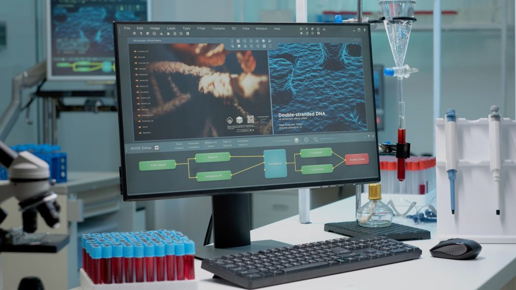 Close-up of a computer displaying computer-generated DNA animation for pharmaceutical communications
